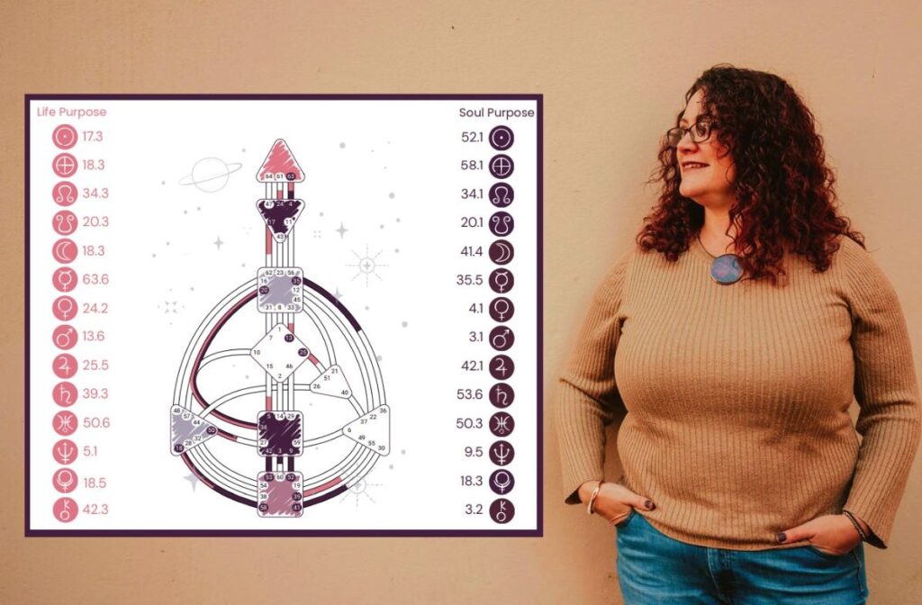 A woman with long dark hair looking at a human design chart