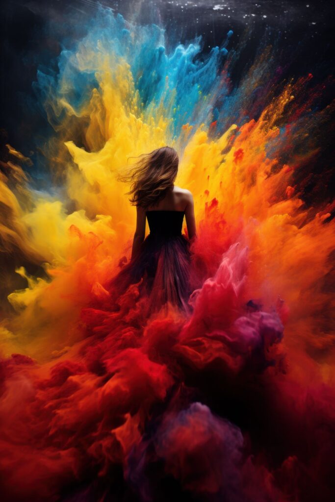image of a women surrounded by colourful artwork