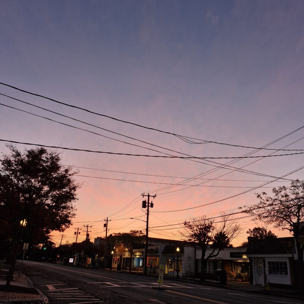 A beautiful pinky blue sunrise sky over the sleepy village of Southampton, Long Island, USA